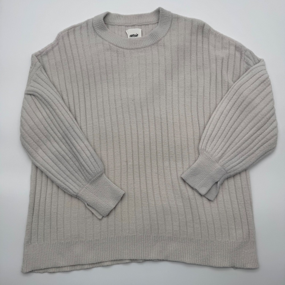 Aerie Womens Beige White Ribbed Crewneck Oversized Balloon Sleeve Sweater L